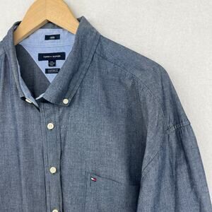 TOMMY HILFIGER Shirt Mens 3XL Indigo Chambray Button Up Custom Fit Cotton Blue